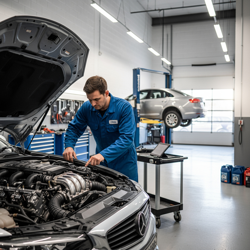 Professional auto mechanic working on a car engine