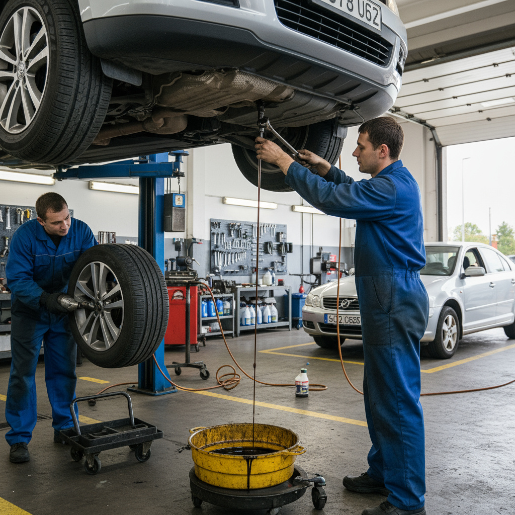 Oil change and tire rotation in service bay